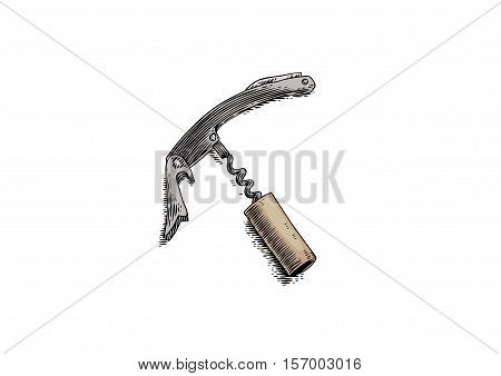 Isolated metal corkscrew with cork stopper on the white