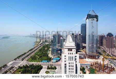 Urban LandscapeBlue sky and white clouds a river city.