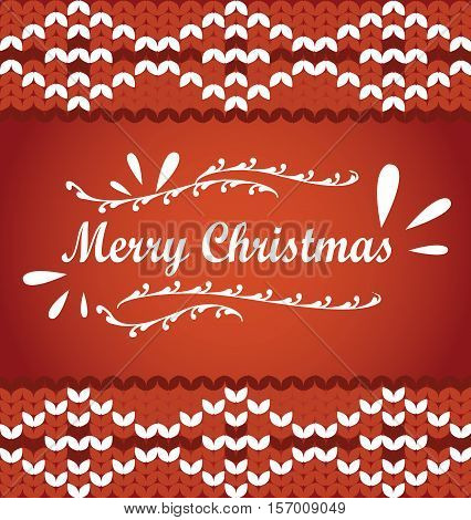 Vector Merry Christmas lettering on a knit sweater ornamend. Red White Merry Christmas