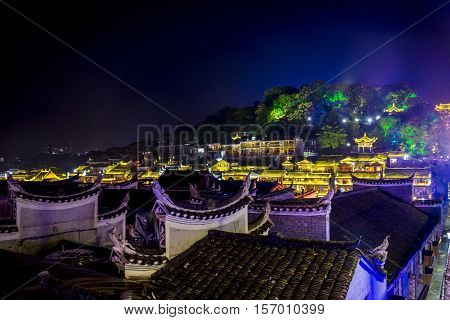 Rooftops Of Fenghuang, Xiangxi, China At Night