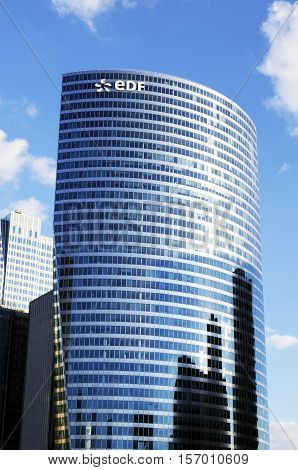 PARIS FRANCE - SEPTEMBER 29 2015: Tour EDF located in La Defense business district in Paris France