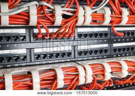 Server rack with red internet patch cord cables connected to patch panel in server room