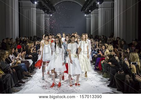 KYIV, UKRAINE - OCTOBER 13, 2016: Models walk the runway at Yana Belyaeva collection show during the 39th Ukrainian Fashion Week at Mystetsky Arsenal in Kyiv