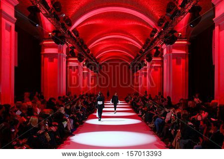 KYIV, UKRAINE - OCTOBER 13, 2016: Models walk the runway at Datuna collection show during the 39th Ukrainian Fashion Week at Mystetsky Arsenal in Kyiv
