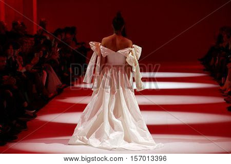 KYIV, UKRAINE - OCTOBER 13, 2016: Model walks the runway at Datuna collection show during the 39th Ukrainian Fashion Week at Mystetsky Arsenal in Kyiv