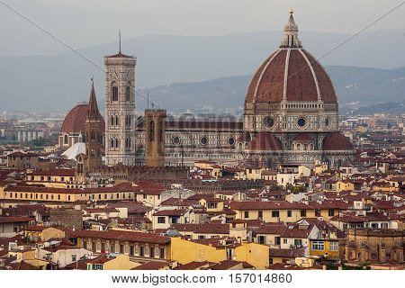Duomo Santa Maria Del Fiore and Bargello view from Piazzale Michelangelo in Florence, Tuscany, Italy. Outdoor travel european background.