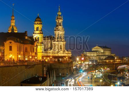 Dresden Cathedral of the Holy Trinity or Hofkirche, Bruehl's Terrace or The Balcony of Europe and Semperoper at night in Dresden, Saxony, Germany