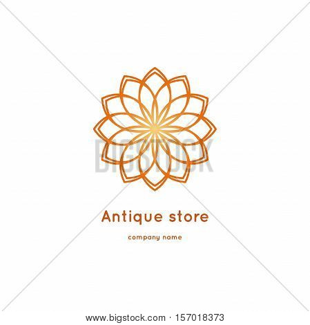 Luxury logotype for antique store. Ornamental vector symbols. Volumetric golden big bud. Isolated abstract colorful vector logo. Vector vintage mandala logo. Kaleidoscope flower.