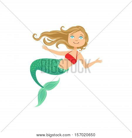 Dark Blond Hair Mermaid In Red Swimsuit Top Bra Fairy-Tale Fantastic Creature Illustration. Cute Fantasy Siren With Green Fish Tail And Long Hair Cartoon Vector Character Swimming Underwater.