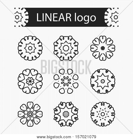 Set of vector logos. The circular pattern. Company logo, mark, emblem, element. Simple geometric logo. Mandala logo. Icons, logos, business, invitations. Linear logo. Islam, Arabic, Indian, ottoman.