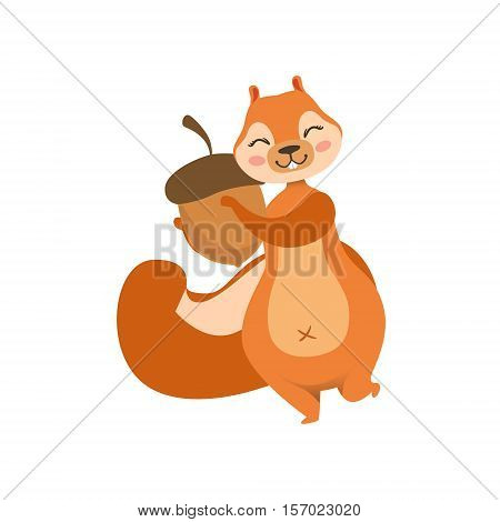 Red Squirrel Holding An Acorn Humanized Cartoon Cute Forest Animal Character Childish Illustration. Flat Vector Drawing With Woodland Fauna Animal In Funny Situation.
