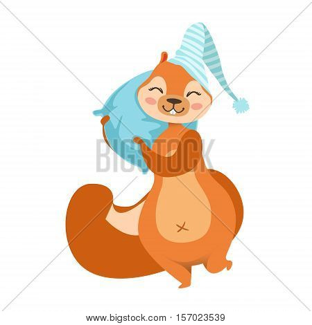 Red Squirrel With A Pillow Going To Sleep Humanized Cartoon Cute Forest Animal Character Childish Illustrations. Flat Vector Drawing With Woodland Fauna Animal In Funny Situation.