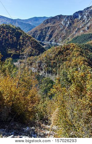Panoramic view of Tsankov kamak Reservoir and Autumn forest, Smolyan Region, Bulgaria