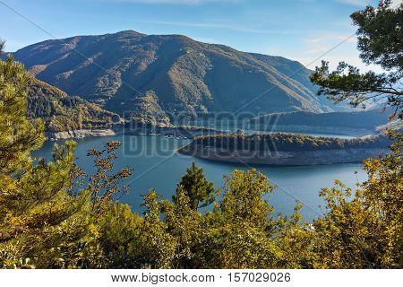 Autumn  view of Meander of Vacha (Antonivanovtsy) Reservoir, Rhodopes Mountain, Bulgaria