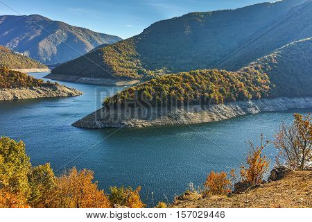 Autumn Panoramic view of Dam of the Vacha (Antonivanovtsy) Reservoir, Rhodopes Mountain, Bulgaria
