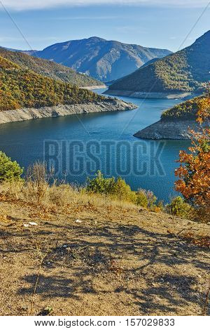 Autumn view of Dam of the Vacha (Antonivanovtsy) Reservoir, Rhodopes Mountain, Bulgaria