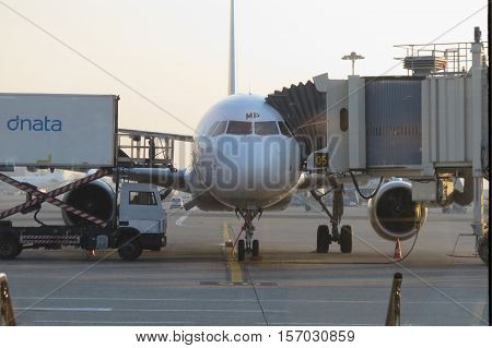 MILAN LINATE ITALY - CIRCA JANUARY 2016: aircraft ready for boardiing