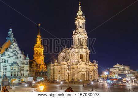 Dresden Cathedral of the Holy Trinity or Hofkirche, Dresden Castle or Royal Palace and Semperoper at night in Dresden, Saxony, Germany