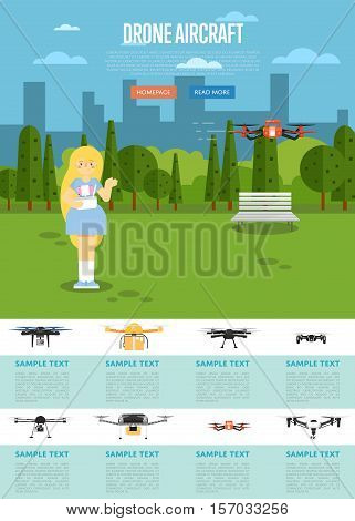 Drone aircraft website template with girl operating flying robot in park vector illustration. Remotely controlled multicopter. Unmanned aerial vehicle. Drone aircraft set. Modern flying device.