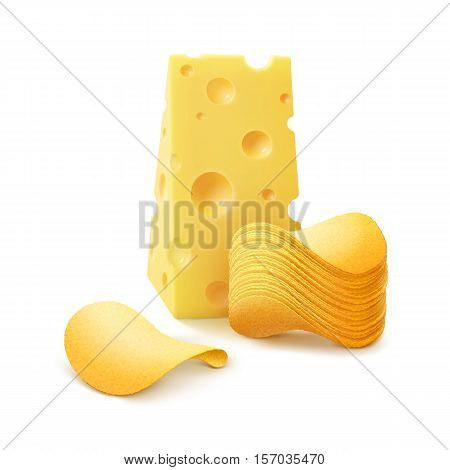 Vector Potato Crispy Chips Stack with Cheese Close up Isolated on White Background