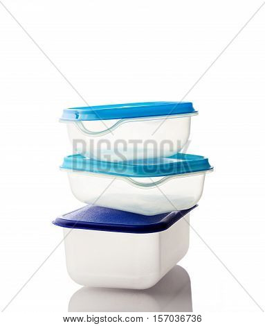 Plastic articles for storing food on a white background