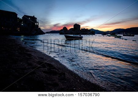 Summer sunset in Przno bay in Montenegro