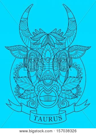 Taurus zodiac sign coloring book for adults vector illustration. Anti-stress coloring for adult. Tattoo stencil. Zentangle style. Black and white lines. Lace pattern