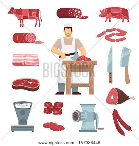 Flat colored icons set of meat products butchers guide images vintage grinder and scales isolated vector illustration