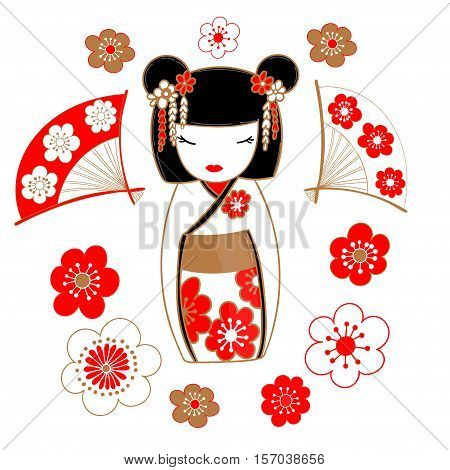 Cute illustration of a Japanese doll kokeshi - a talisman, bringing luck and prosperity. Vector illustration.