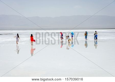 People Taking Photos At Chaqia Salt Lake, Qinghai, China