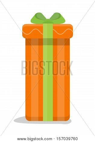 Christmas orange gift box with green bow isolated. Cartoon present in xmas holiday concept. Gift box surprise for anniversary or birthday. Funny illustration for children holiday celebration. Vector