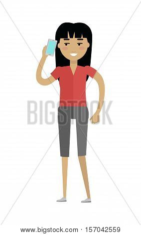 Young european woman in red blouse and grey breeches speaking on telephone. Caucasian beautiful girl. Attractive teenager lady in casual clothes. Part of series of people of the world. Vector