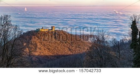 Aerial view of Zagreb over the old town Medvedgrad, capital of Croatia hidden beneath the clouds.