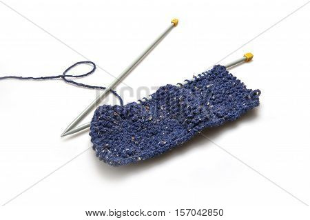 Knitting materail and handcraft tools on white background
