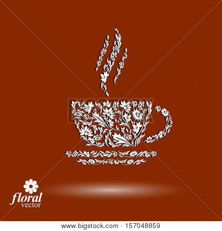 Flower-patterned cup of coffee with aromatic steam. Rendezvous theme floral vector illustration.