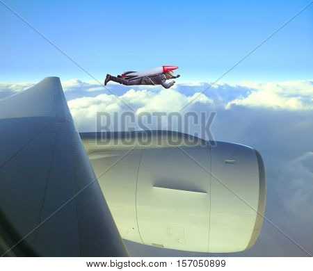 flying business man carrying strategy rocket speed competition with jet plane over sky for business conception