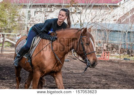 Young beautiful brunette girl rides a horse bareback with hackamore. Warm and sunny autumn day. Portrait of a pretty young woman on the horse, wearing tall boots and gloves.