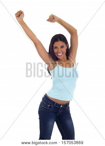 young attractive hispanic woman in casual top and jeans smiling happy and cheerful isolated on white background in positive corporate portrait