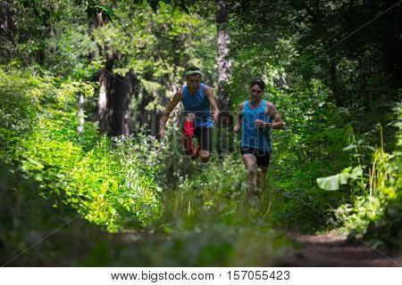 Trail running athletes moving through the forest