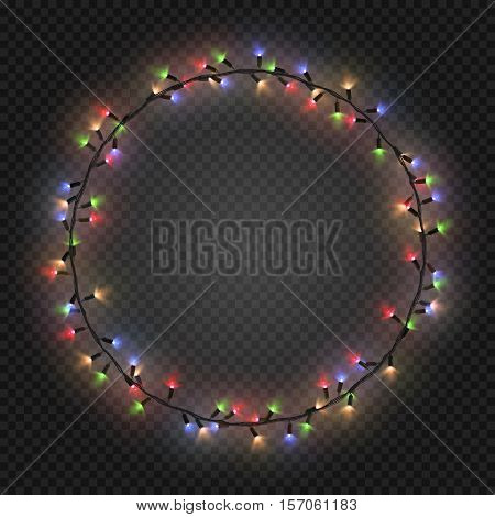 Christmas and New year realistic colorful light garlands like frame on a transparent background, vector.