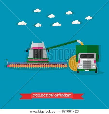 Agricultural machinery on field. Combine harvester, truck, round haystack behind of it. Wheat harvesting concept vector illustration in flat style
