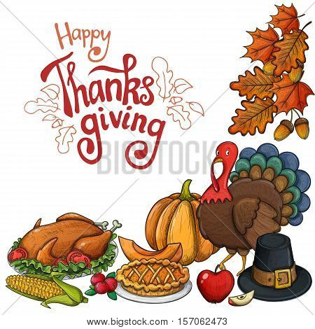 Corner frame with colorful Thanksgiving icons. Thanksgiving day greeting card. Vintage Thanksgiving food leaves and turkey. Thanksgiving Day background for decoration. Vector.