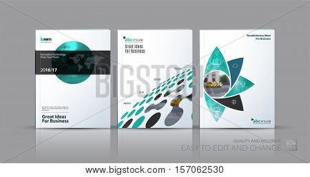Business vector set. Brochure template layout, cover design annual report, magazine, flyer in A4 with geometric round shapes, circles for science, travel, finance. Abstract creative design.