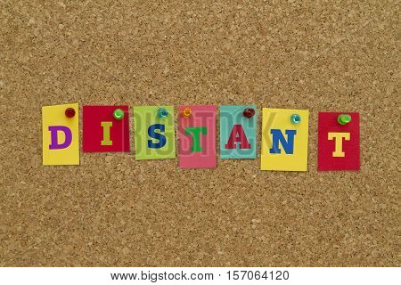 Distant word written on colorful sticky notes pinned on cork board.