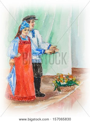 Couple of dancers in russian traditional costumes, girl in red sarafan and kokoshnik, boy in black trousers and white shirt . Painted by watercolor.