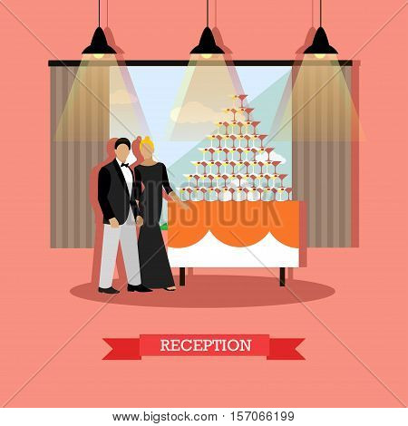 Reception in restaurant concept vector illustration in flat style. Restaurant interior and visitors man and woman near table with drink