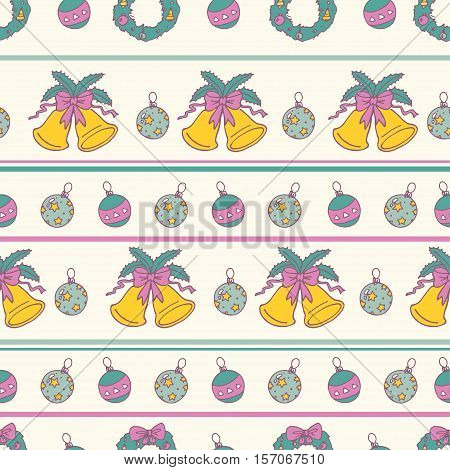 Christmas Seamless Pattern. Winter Holidays Illustrations. Xmas Hand Drawn Collection. Wreath and Bells.
