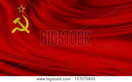 National waving flag of Union of Soviet Socialist Republics URSS on a silk drape