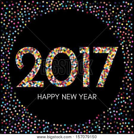 Happy New Year 2017 label with colorful confetti on black background. New Year and Xmas Design Element Template. Vector Illustration.