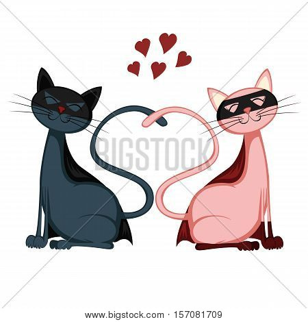 A superhero cat couple is sitting and smiling in love